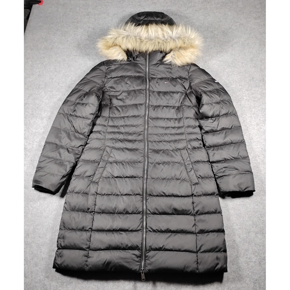 Tommy Jeans Essential Hooded Down Coat Women XL Black Puffer Parka Faux Fur Long